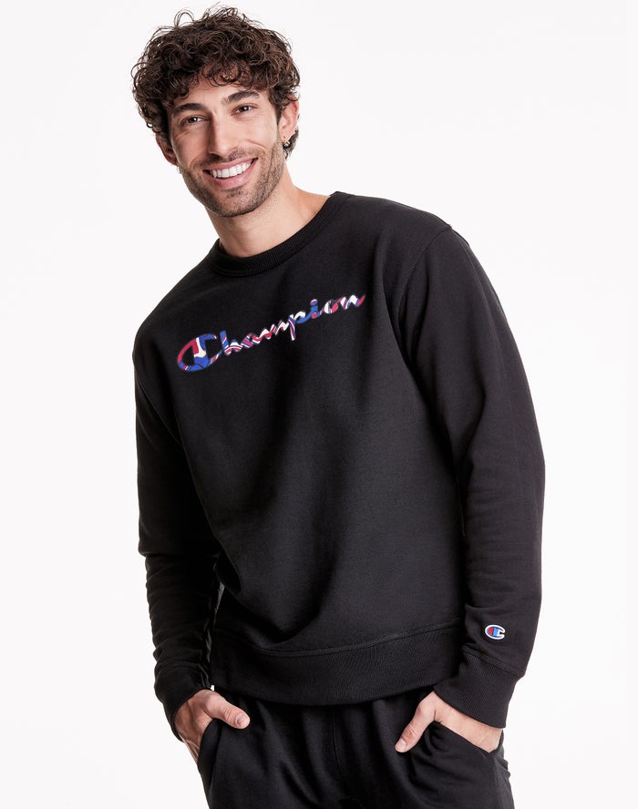 Champion Mens Sweatshirt NZ - Powerblend Fleece Crew Liquid Filled Script Logo Black ( 0936-YSPIG )